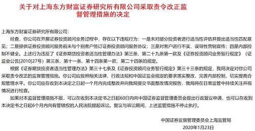 东方财富证券研究所遭责令改正 投资咨询业务四大违规与32家机构受罚的行业警示